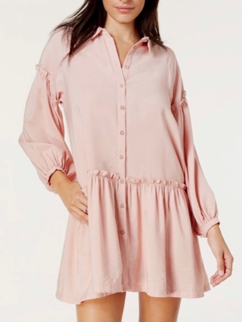 Free People Easy Street Mini Dress Size M Peach Long Sleeves Pockets Ruffles